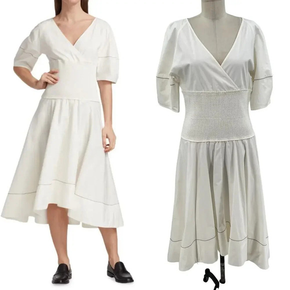 Proenza‎ Schouler White Label Smocked Poplin Midi-Dress White Size US 8 - Picture 1 of 14